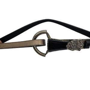 Vintage 80's Belt Leather Bronze Ornate Fold Hook Loop Black Buckle Gothic M 34"